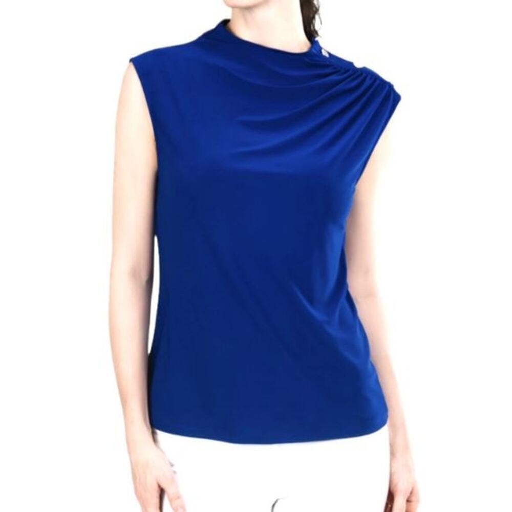 DKNY Size Large Button Shoulder Mock Neck Top Blue Shirred Sleeveless Stretch